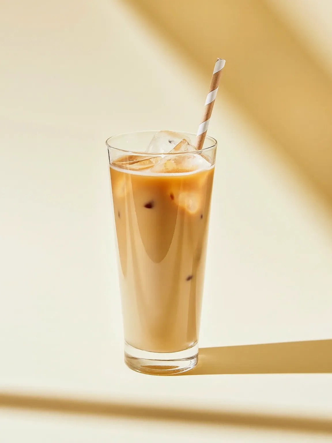 An iced latte in a tall glass with ice
